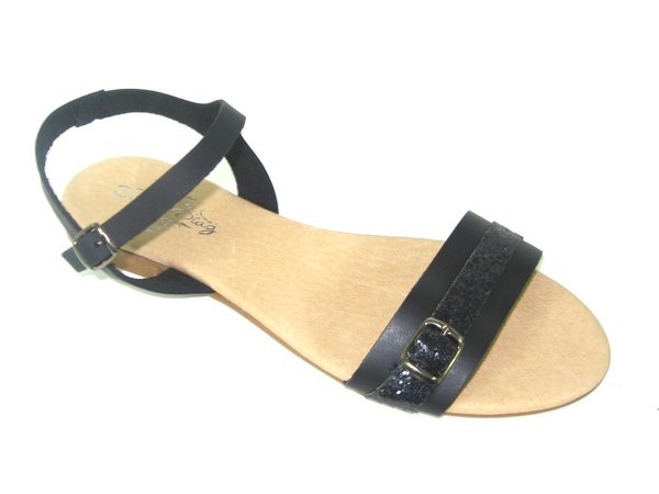 43081202 BLACK LEATHER FLAT SANDAL, INSOLE LEATHER, FLAT SHOES SOLE