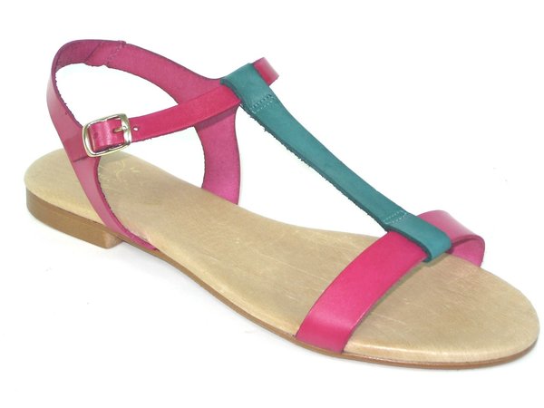 53030418 FUCSIA & TEAL LEATHER SANDAL, INSOLE LETAHER, FLAT SHOES SOLE