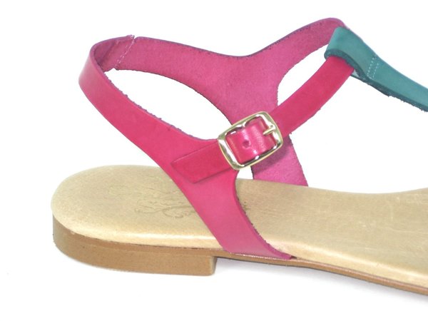 53030418 FUCSIA & TEAL LEATHER SANDAL, INSOLE LETAHER, FLAT SHOES SOLE