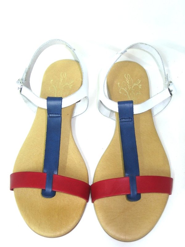 63010633 RED NAVY & WHITE LEATHER SANDAL, INSOLE LEATHER, FLAT SHOES SOLE