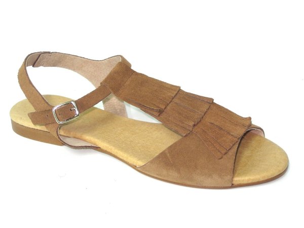 63081113 BROWN LEATHER FRINGE SANDAL, INSOLE LEATHER. FLAT SHOES SOLE
