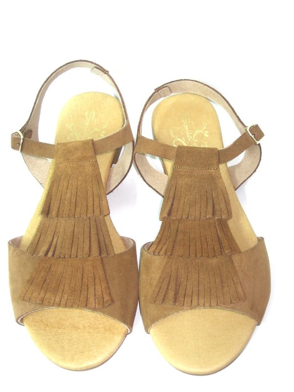 63081113 BROWN LEATHER FRINGE SANDAL, INSOLE LEATHER. FLAT SHOES SOLE