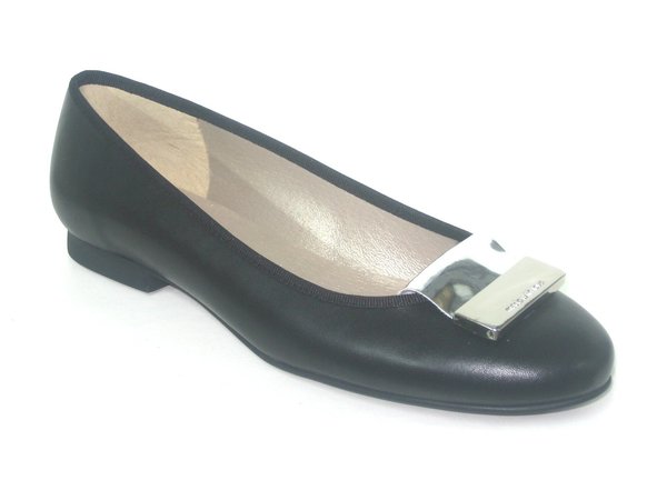 73570602 BLACK LEATHER BALLERINA, INSOLE LEATHER, BIG ORNAMENT, FLAT SHOES SOLE