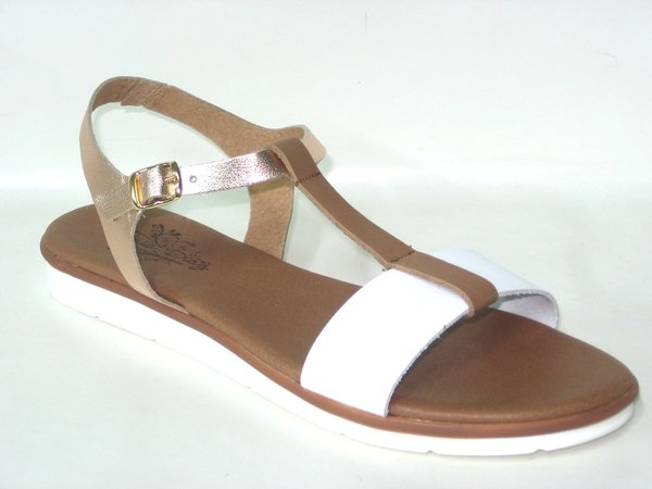 73010600 WHITE & GOLD & BROWN LEATHER SANDAL, INSOLE LEATHER, FLAT SHOES SOLE