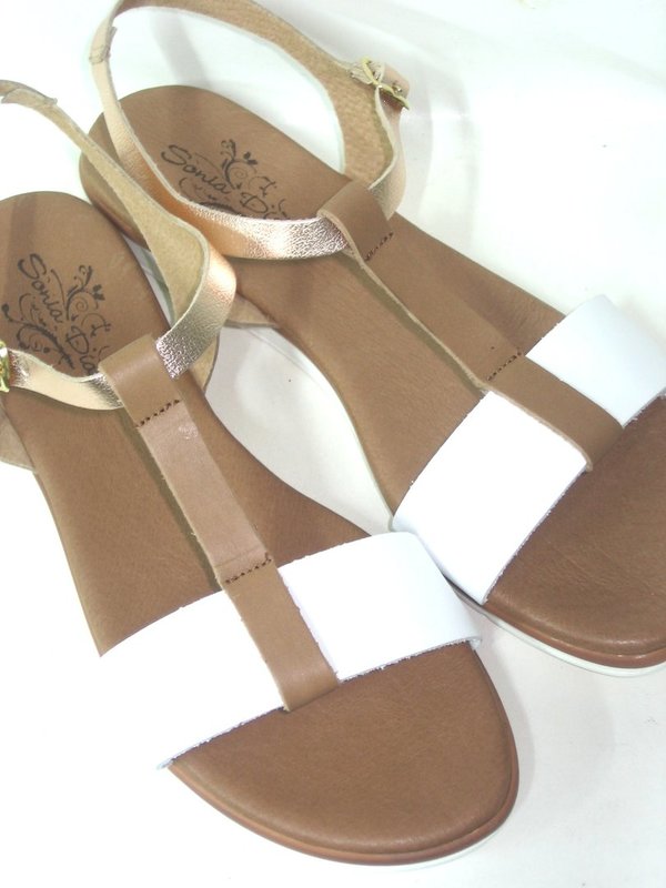 73010600 WHITE & GOLD & BROWN LEATHER SANDAL, INSOLE LEATHER, FLAT SHOES SOLE