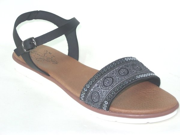 73010602 BLACK LEATHER SANDAL, INSOLE LEATHER, FLAT SHOES SOLE FOR WOMEN