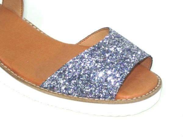 74026009 SILVER LEATHER & GLITTER SANDAL, INSOLE LEATHER, WEDGE HEEL 5 CM