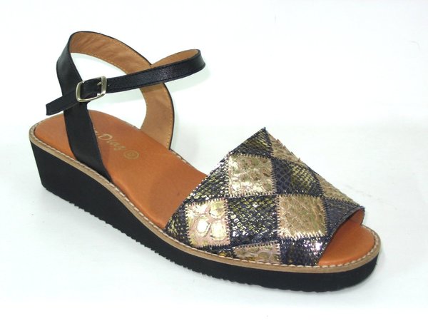 84045002 BLACK REPTIL LEATHER SANDAL, CONFORTABLE INSOLE LEATHER, WEDGE 5 CM