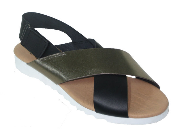 83310802 BLACK & METAL LEATHER SANDAL, INSOLE LEATHER, FLAT SHOES SOLE
