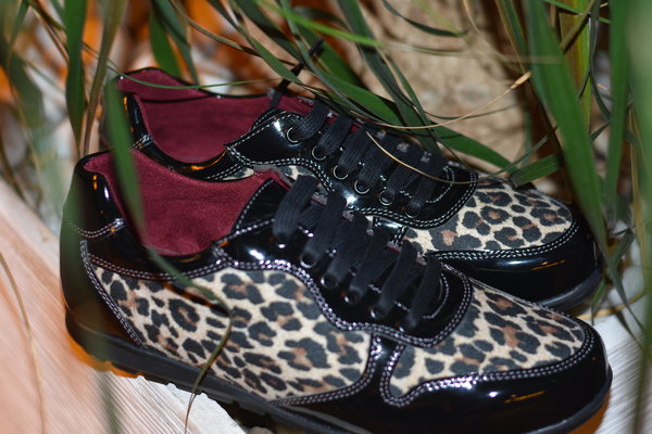 93000613 BLACK LEATHER & LEOPARD, INSOLE LEATHER, FLAT SHOES SOLE, RUBBER SOLE