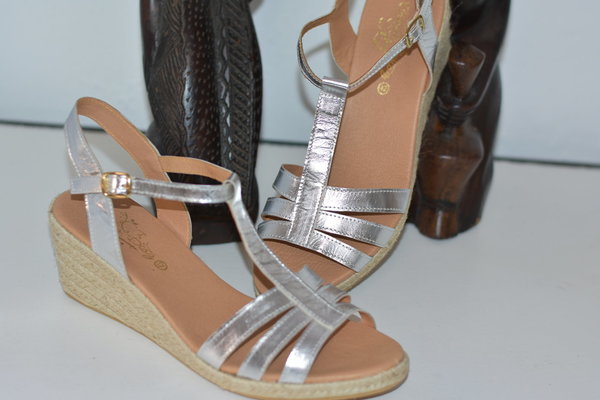 94408509 SILVER LEATHER SANDAL, RUSTIC WEDGE, CONFORTABLE LEATHER, 6 CM