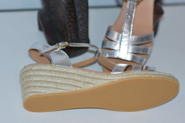 94408509 SILVER LEATHER SANDAL, RUSTIC WEDGE, CONFORTABLE LEATHER, 6 CM