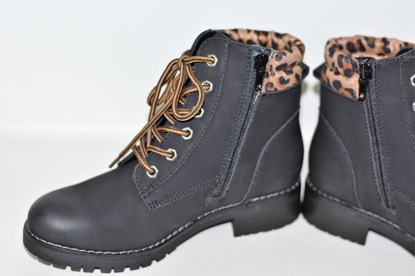 151624 BLACK ANKLE BOOT, ANIMAL PRINT COLLAR, TEXTILE INTERIOR, RUBBER SOLE