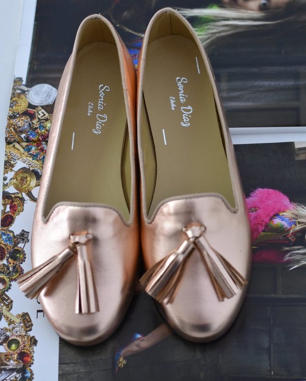 23103918 ROSE GOLD LEATHER SLIPPER, TASSELS, LEATHER INSOLE, COVER SOLE 2.50 CM.