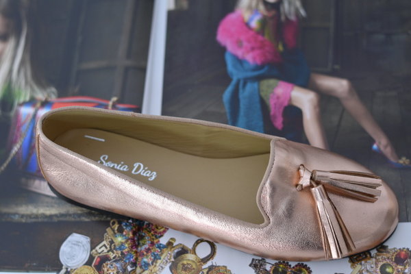 23103918 ROSE GOLD LEATHER SLIPPER, TASSELS, LEATHER INSOLE, COVER SOLE 2.50 CM.